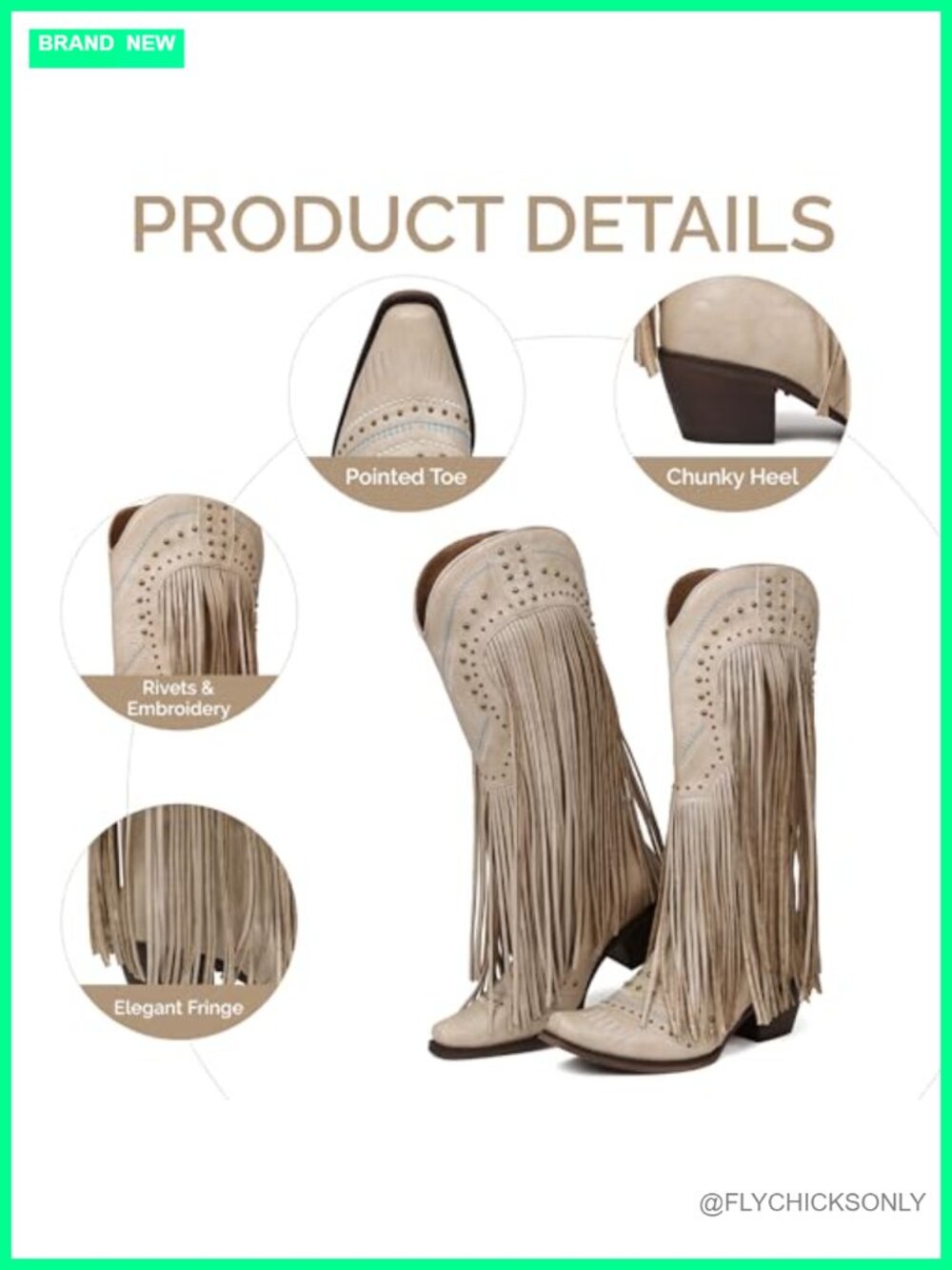 Fringe Knee-High Cowboy Boots Pointed Toe Chunky Heel Pull-On Western Boots - Picture 4 of 6